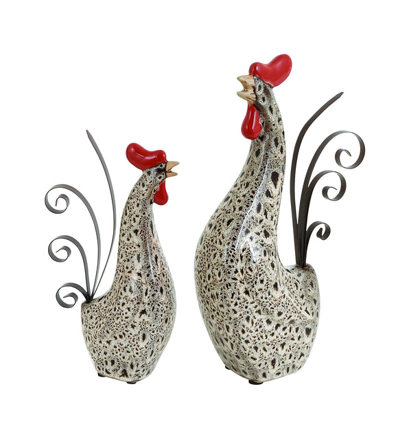 Ceramic Metal Rooster with Spotted Black Pattern - Set of 2