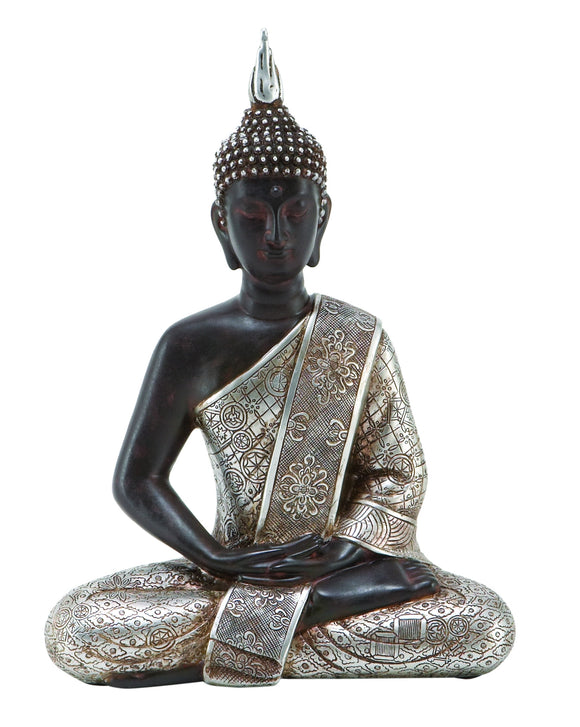 8 INCHES WIDE POLYSTONE BUDDHA WITH BLACK WITH SILVER ROBE