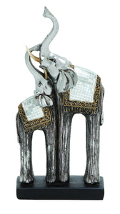 Showpiece Double Polystone Elephant Attached with Ceramic Teeth and Mirror Mosaic Rug Design on Their Back