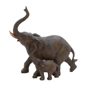 Trumpeting Mother and Baby African Elephant Poly Stone Statue