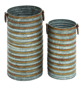 Cylindrical Shaped Metal Galvanized Planter Set of Two with Side Handles