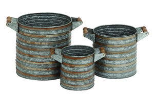 Round Shaped Metal Galvanized Planter Set of Three with Comfortable Wood and Iron Side Handles