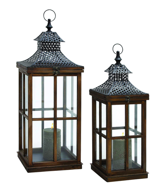 Ethnic and Traditional Wood Metal Glass Lantern Set of Two