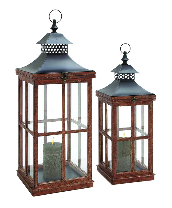 Ethnic and Traditional Design Wood Metal Glass Lantern Set of Two