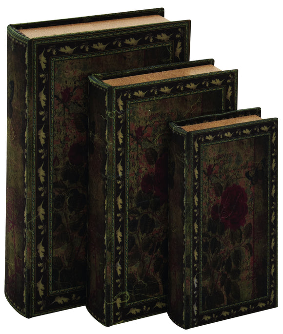 Decorative Wood Fabric Book Box Set of Three Depicting the Portrait of a Beautiful Rose