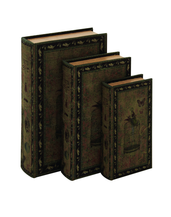 Decorative Wood Fabric Book Box Set of three Depicting the Image of a bird, a cage and a butterfly