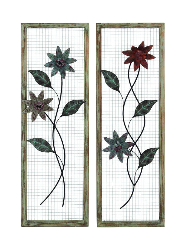 Beautiful Floral Metal Wood Wall Décor Set of Two with Wire Mesh Background