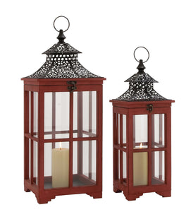 The Beautiful Set of 2 Wood Metal Glass Lantern