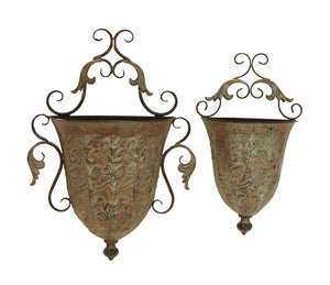 Metal Wall Planter with Artistic Details in Rust - Set of 2