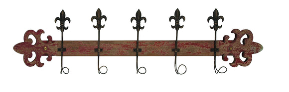 Classic Five Metal Hooks Assorted on Wooden Wall Plaque with Distress Matt Brown Finish