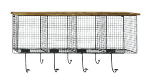 Wood Metal Wire Mesh Wall Pocket with Seven Metal Hooks