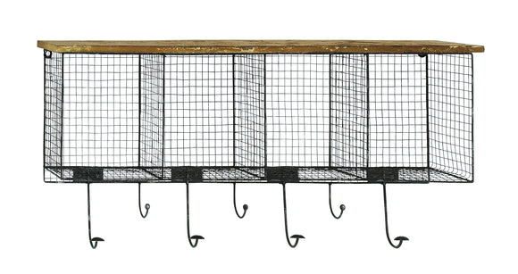 Wood Metal Wire Mesh Wall Pocket with Seven Metal Hooks