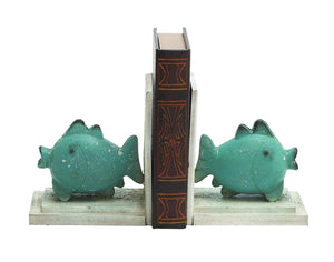 A Pair of Poly Stone Fish with Wooden Bookend