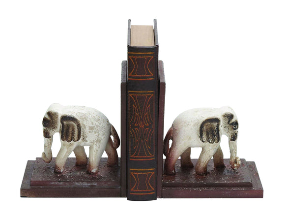 A Pair of Traditionally Sculpted Poly Stone Elephants with Wooden Bookend