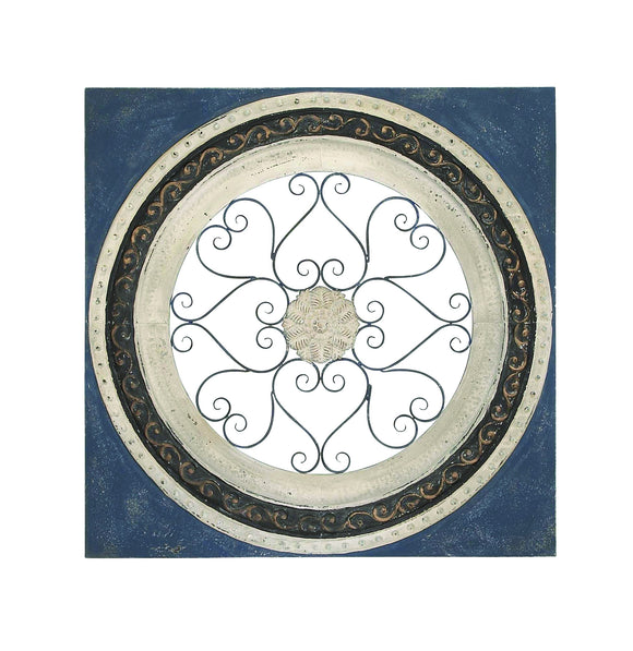 Vintage Metal Wall Plaque with Blue Border and Floral Engraving