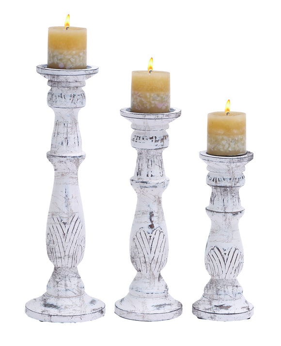 Traditional Wooden Candle Stand in Antiqued White - Set of 3