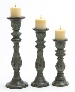 Elegant Wood Candle Holder Set of Three with Floral Engravings