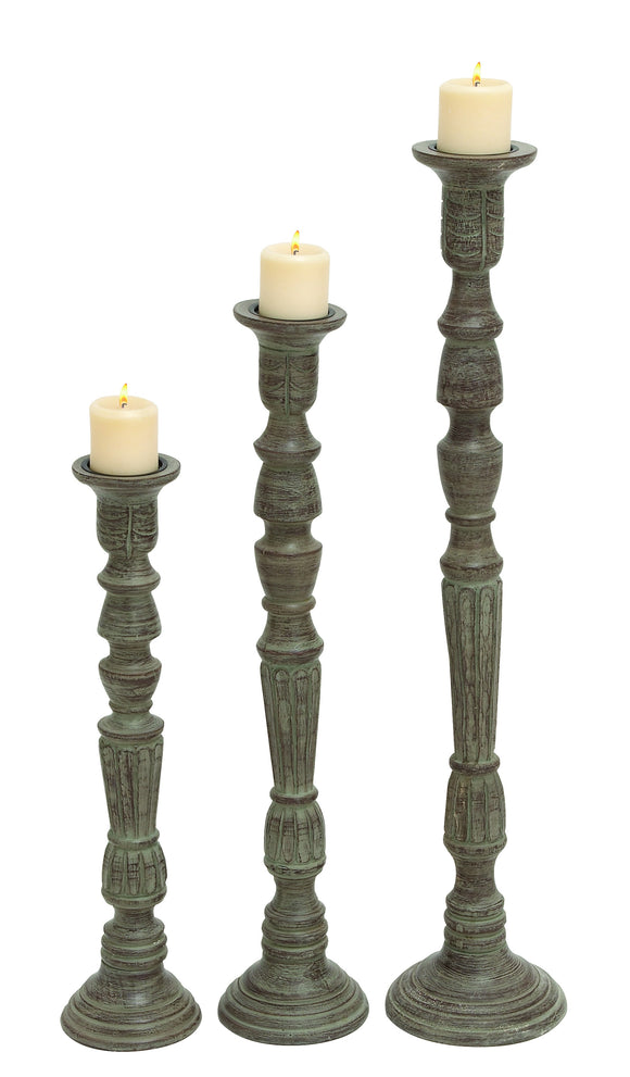 Elegant Wood Candle Holder Set of Three with Stylish Engravings and Carvings