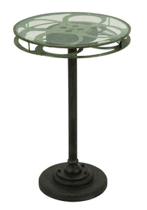 METAL GLASS ACCENT TABLE DESIGNED AS A MOVIE REEL