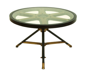 METAL GLASS TABLE CIRCULAR TABLE DESIGNED IN THE SHAPE OF A MOVIE REEL