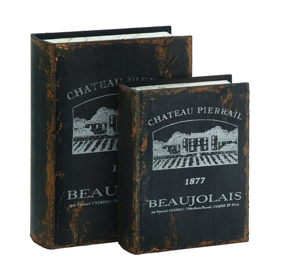 WOOD BOOK BOX S/2 FEATURES PICTURE OF CHATEAU PIERRAIL BEAUJOALIS