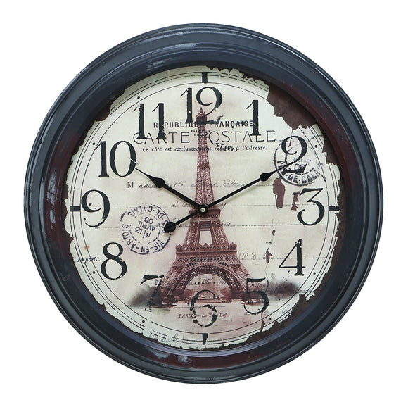 METAL WALL CLOCK WITH PICTURE OF EIFFEL TOWER