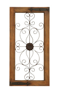 Wooden Auburn Tinged  and Metal Wall Panel with Floral Design