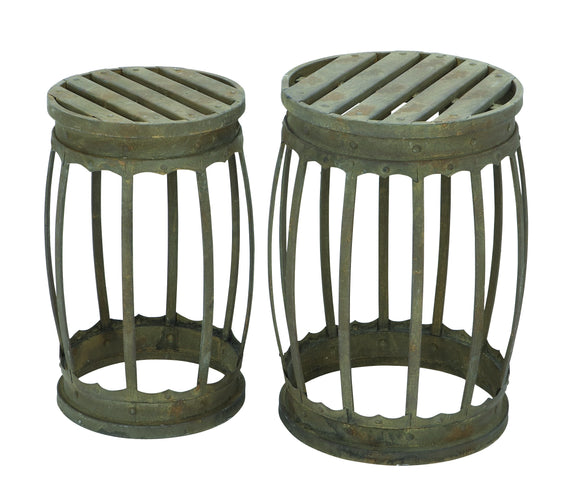 Barrel Shaped Metal Stool with Greenish Finish- Set of 2