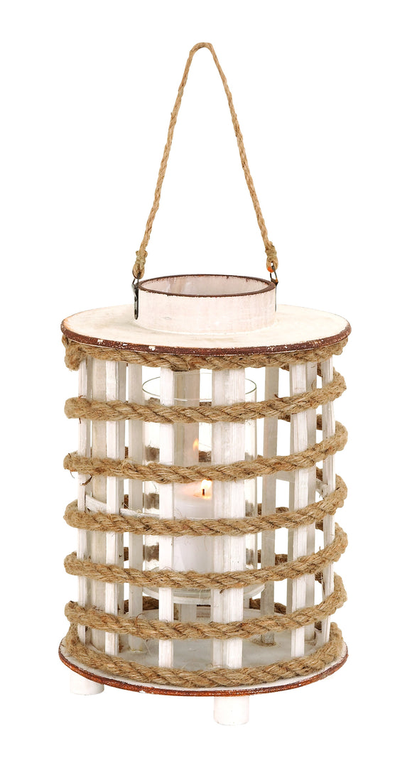 Unique Rope Extension Wooden Glass Lantern with Rustic Finish