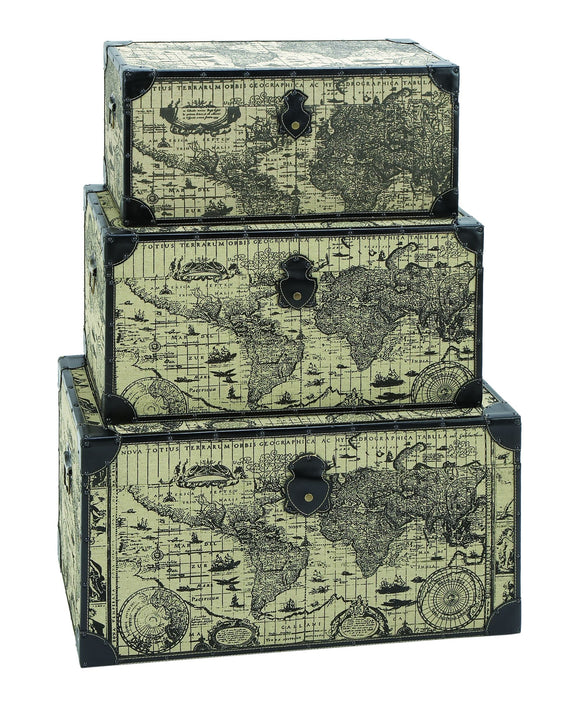 Travel Steamer Trunk Set With Ancient World Map