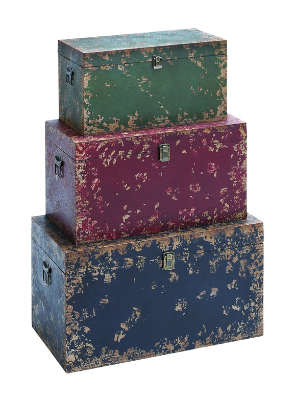 Solid Wooden Trunk with Worn Out Finish - Set of 3