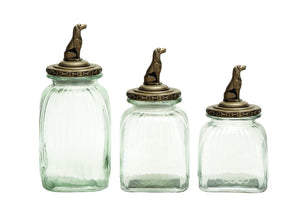 Set of 3 Glass Canister Elegant Finish with Dog Figure on Lid