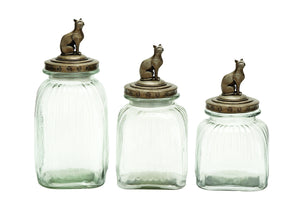 Glass Canister Elegant Finish with Cat Design on Top - Set of 3