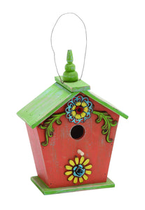 Wooden Birdhouse in Pink and Green with Natural Texture