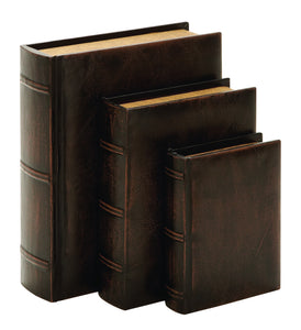 Library Wood Leather Book Set/3 13", 10", 8"H