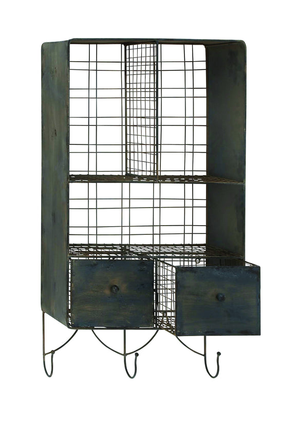 Metal wall shelf with columns and hooks