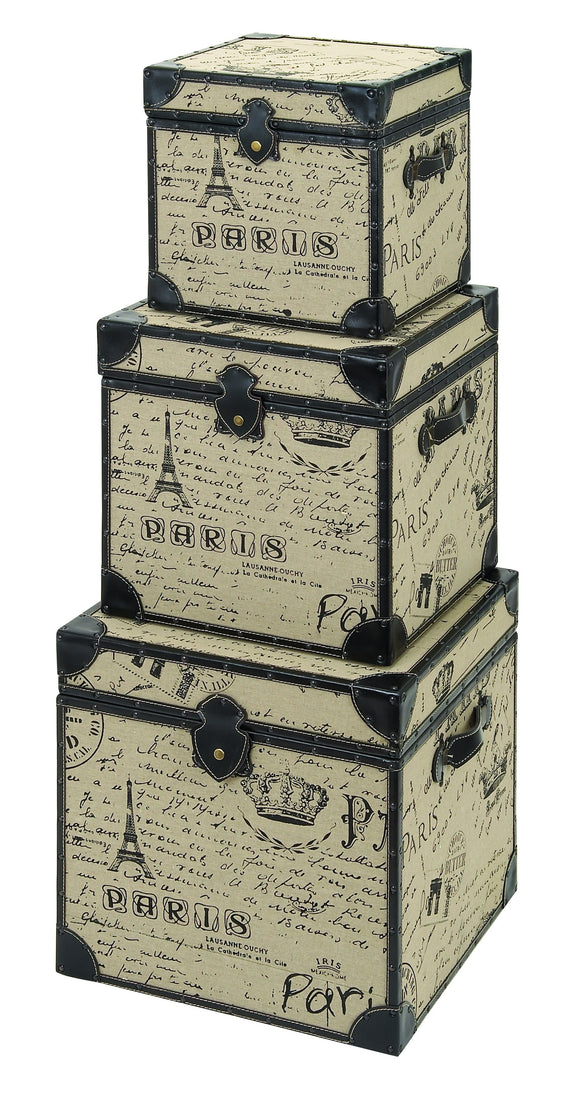 WOOD BURLAP TRUNK S/3 BEAUTIFUL SET OF THREE TRUNKS