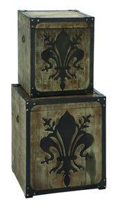 French Fleur-de-Lis Storage Box Set With Aged Wood