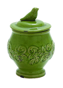 Ceramic 10" Floral Bird Jar in Green with Bird on the Top