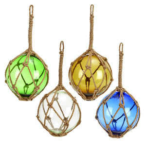 GLASS FLOAT WITH ROPE 4 ASST WHITE, BLUE, GREEN AND YELLOW