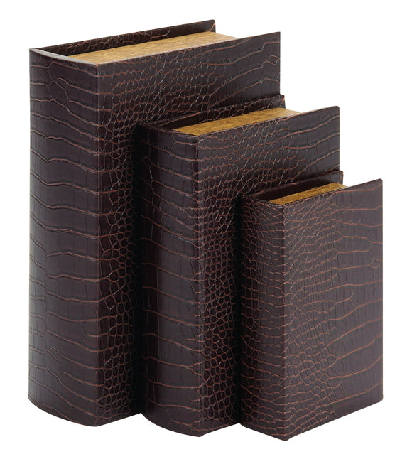 WOOD LEATHER BOOK BOX S/3 BEAUTIFULLY CARVED