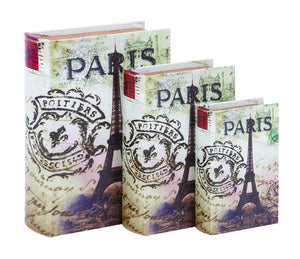 WOOD LEATHER BOOK BOX S/3 WITH PRINT OF ‘PARIS’