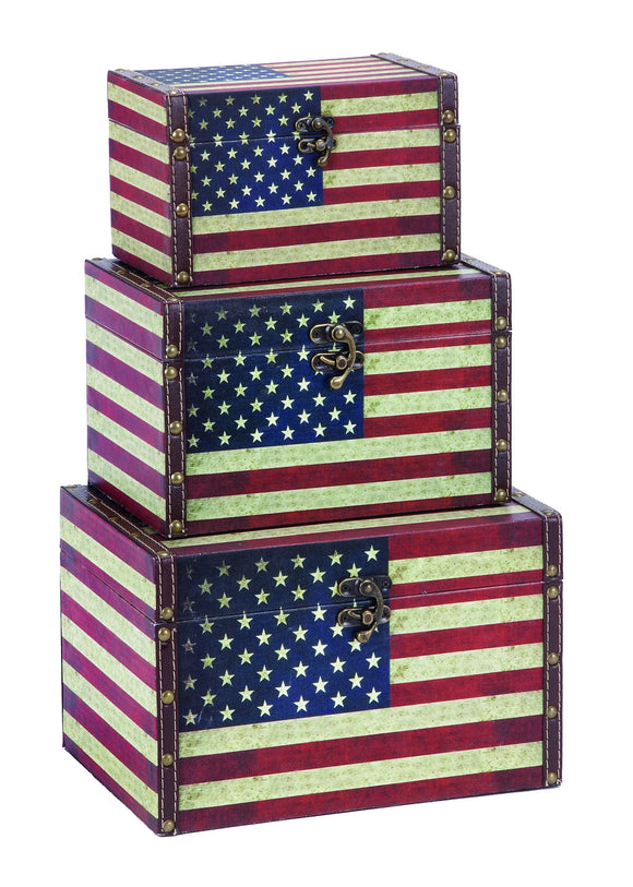 WOOD LEATHER BOX S/3 WITH US FLAG COLORS