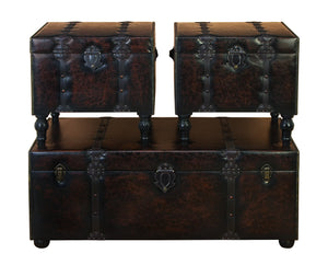 WOOD LEATHER TRUNK SET OF 3 WITH METALLIC ACCENTS