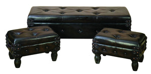 WOOD LEATHER BENCH SET OF 3 VARNISHED TO MAKE IT LONG LASTING