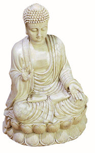 ANTIQUE WHITE POLYSTONE BUDDHA BEAUTIFULLY CARVED 12.75 INCHES HIGH