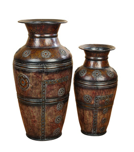 METAL VASE SET OF 2 BEAUTIFULLY CARVED