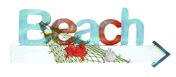 Wood Beach Sign in Marine Theme with Net and Marine Life