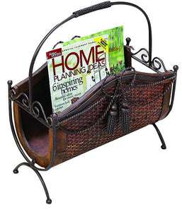 WOOD METAL MAGAZINE RACK WITH A WOODEN BASKET