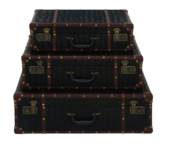 Set of three wooden leather encased suitcases